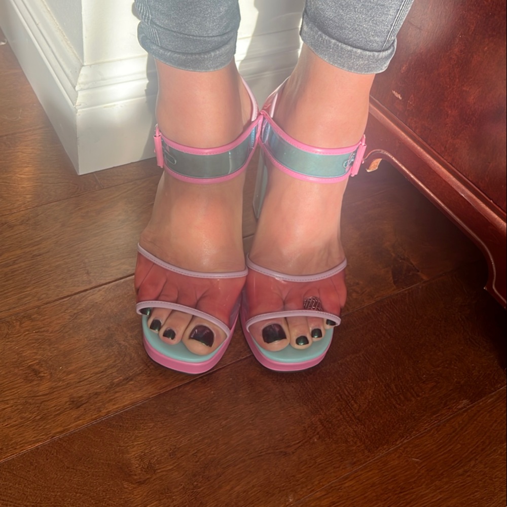 Pink and Blue Chunky heeled Sandals with Playful Design by Sugar Thrillz